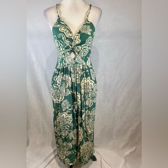 Angie Sage green and white front twist cutout maxi dress with pockets size large - Picture 3 of 7